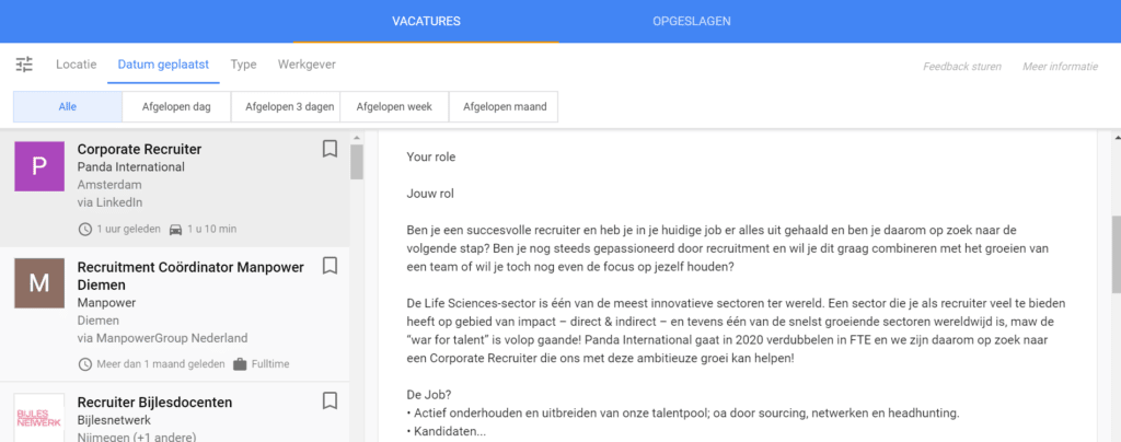 Resultaat zoekopdracht Google for Jobs