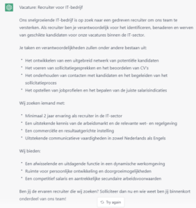 Tweede versie vacaturetekst recruiter doorChatGPT